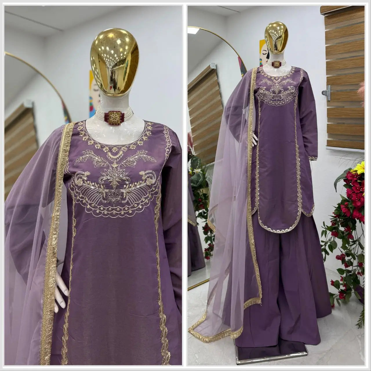 Designer Roman Simar Silk Sharara Suit with Sequin Embroidery & Organza Dupatta