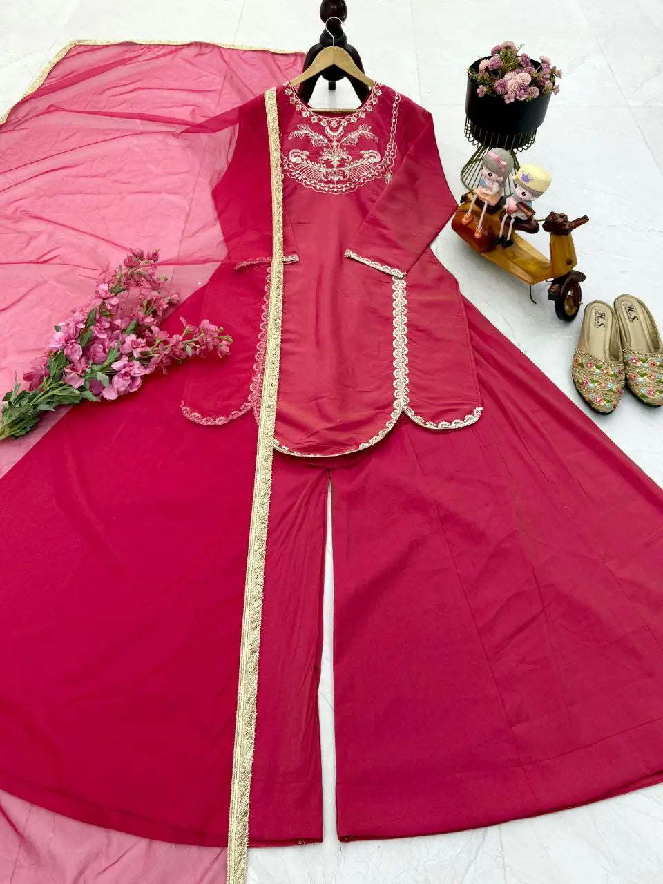 Designer Roman Simar Silk Sharara Suit with Sequin Embroidery & Organza Dupatta