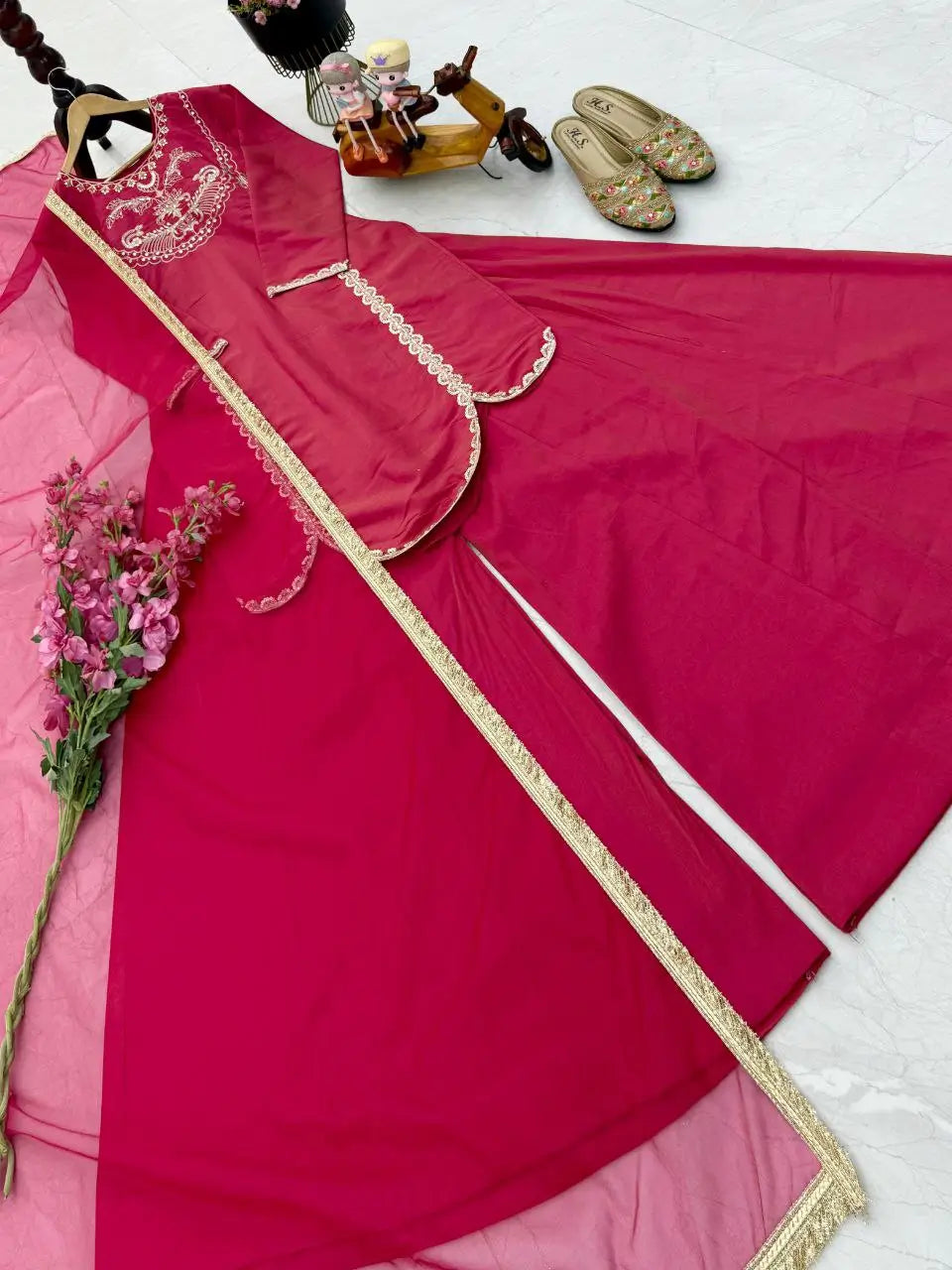 Designer Roman Simar Silk Sharara Suit with Sequin Embroidery & Organza Dupatta