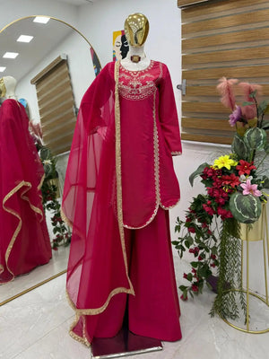 Designer Roman Simar Silk Sharara Suit with Sequin Embroidery & Organza Dupatta