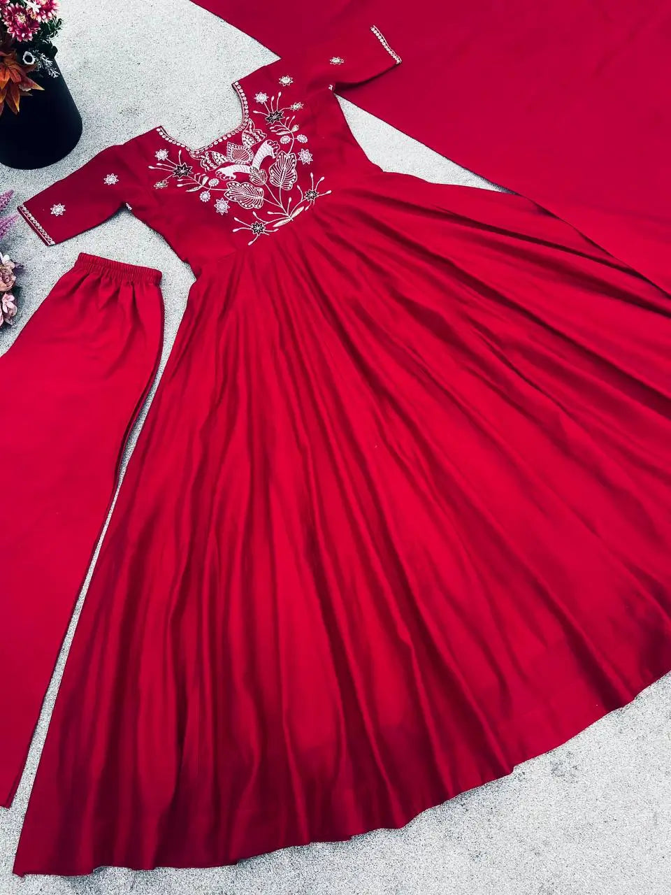 Designer Roman Simmer Silk Embroidered Gown Set