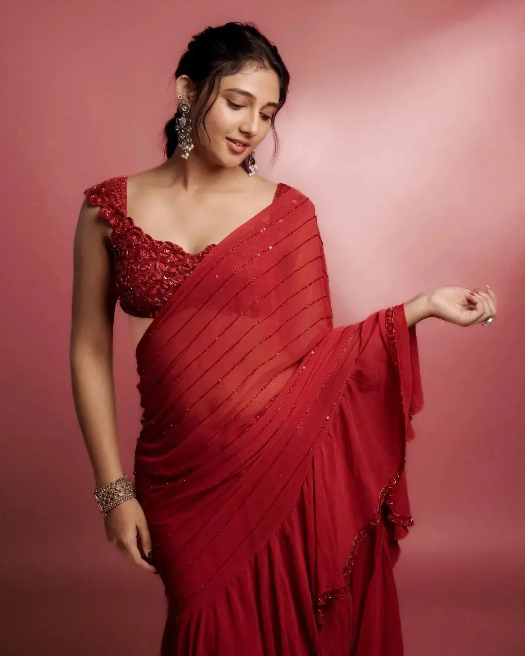 Designer Ruffle Faux Georgette Saree for Party and Wedding Wear