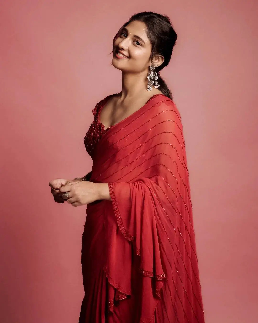 Designer Ruffle Faux Georgette Saree for Party and Wedding Wear