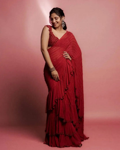 Designer Ruffle Faux Georgette Saree for Party and Wedding Wear