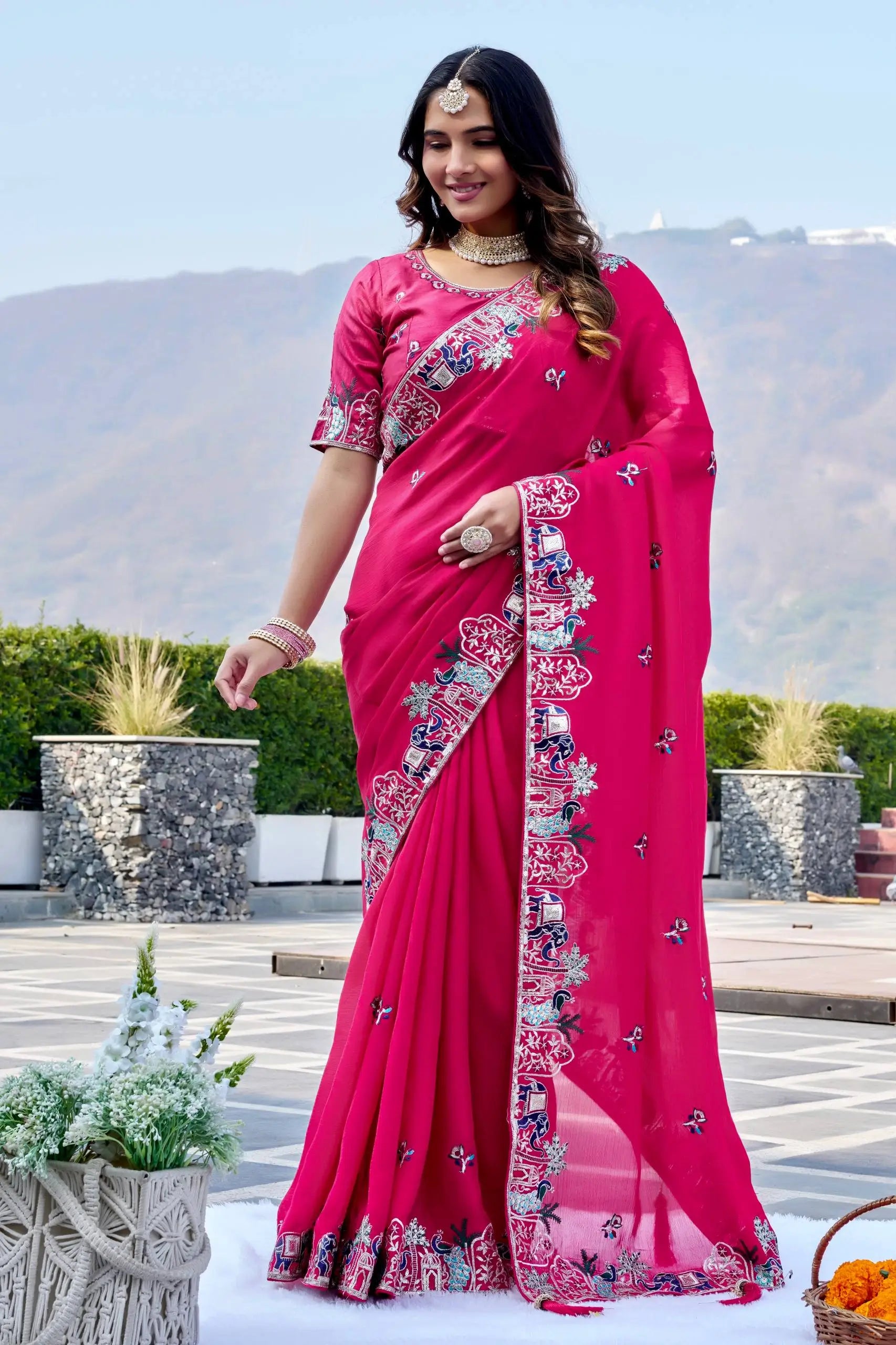 Designer Satin Chiffon Festival Wedding Saree for Special Occasions