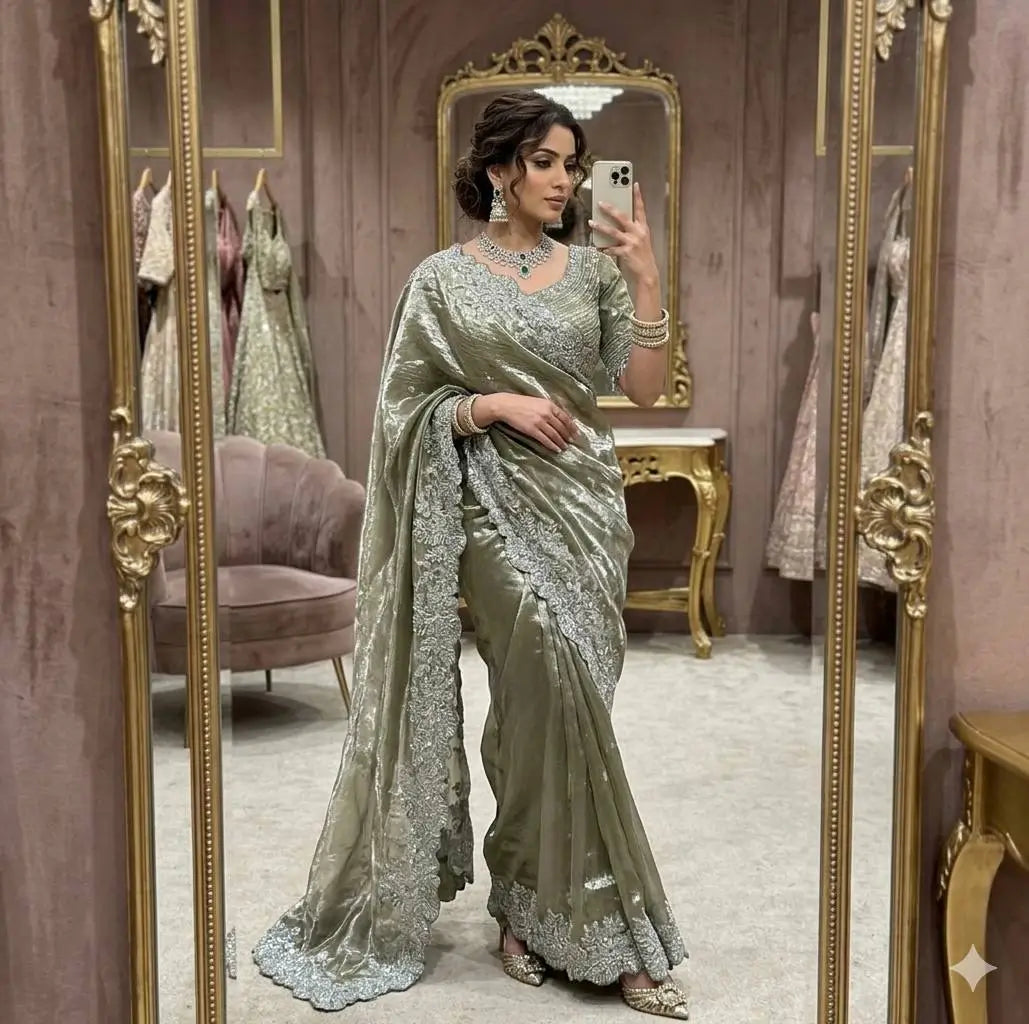Designer Satin Silk Saree with Embroidery for Festive and Wedding Wear