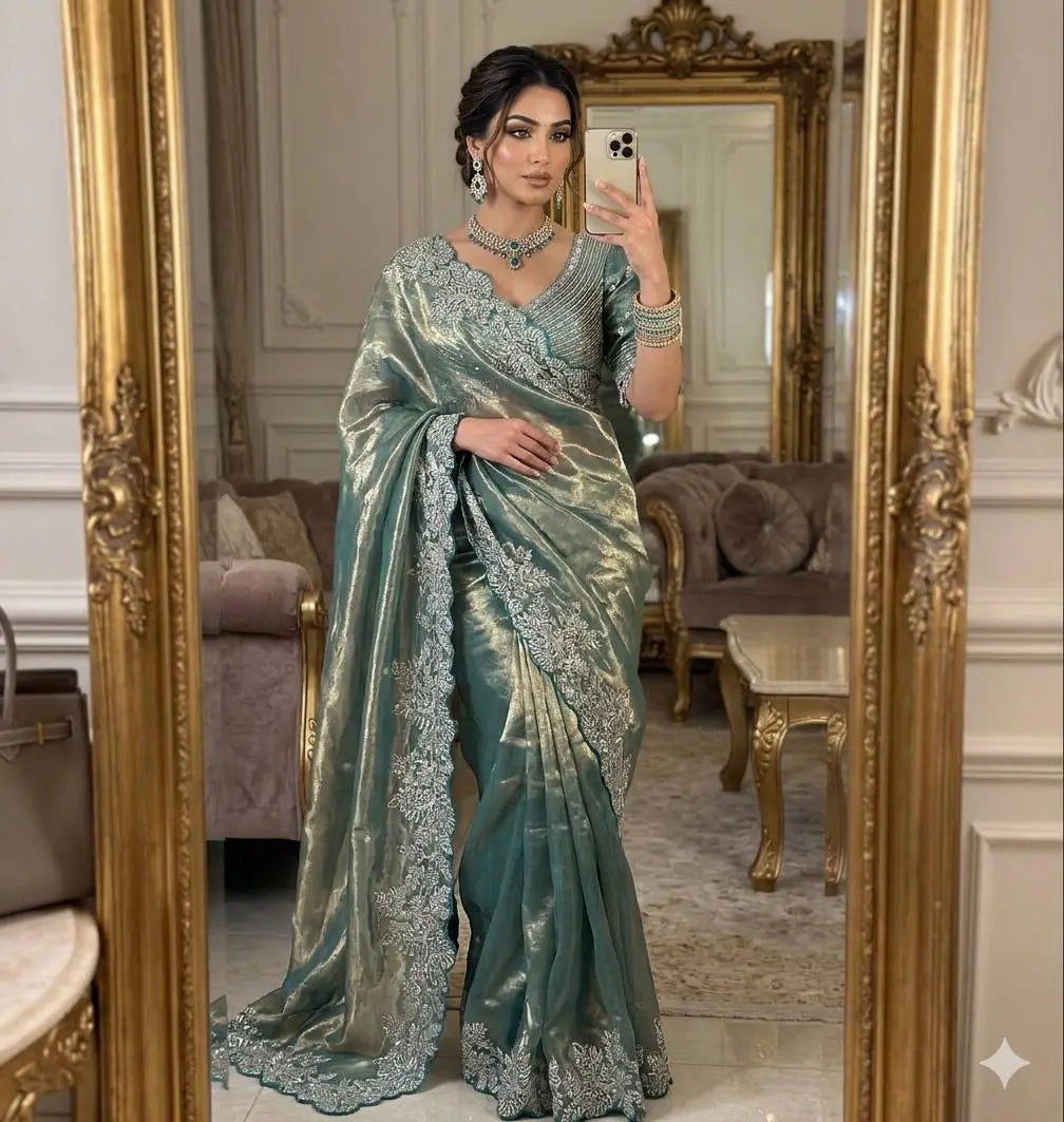 Designer Satin Silk Saree with Embroidery for Festive and Wedding Wear