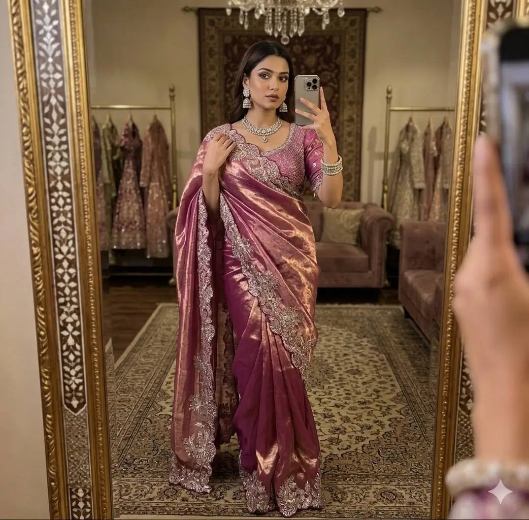 Designer Satin Silk Saree with Embroidery for Festive and Wedding Wear