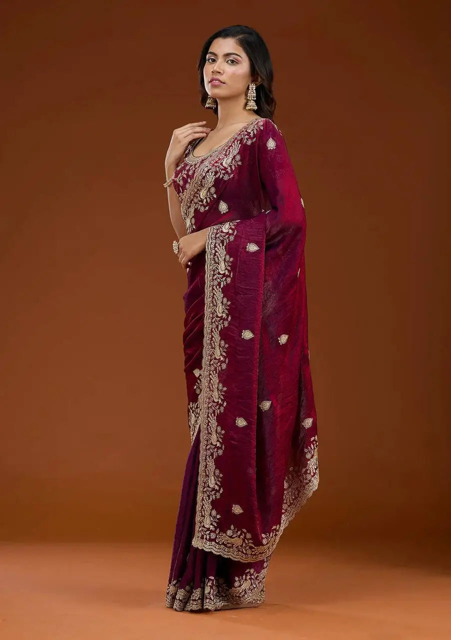 Designer Sequin Zari Embroidered Chiffon Saree