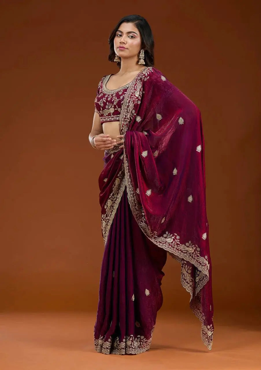 Designer Sequin Zari Embroidered Chiffon Saree