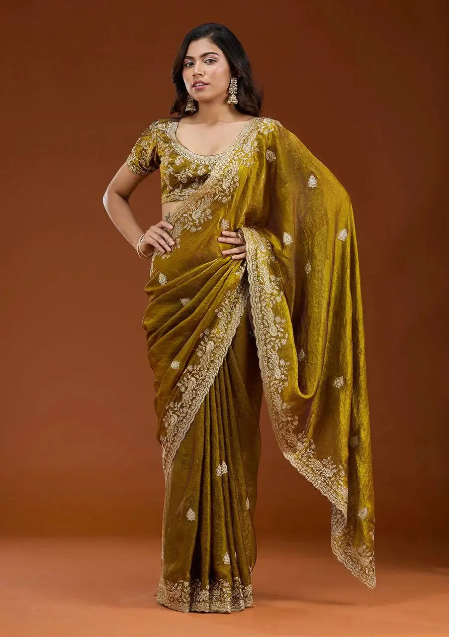 Designer Sequin Zari Embroidered Chiffon Saree