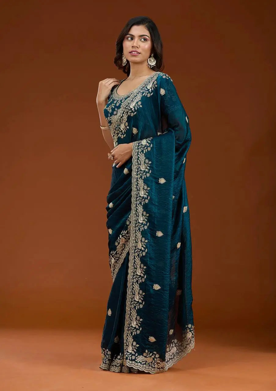 Designer Sequin Zari Embroidered Chiffon Saree