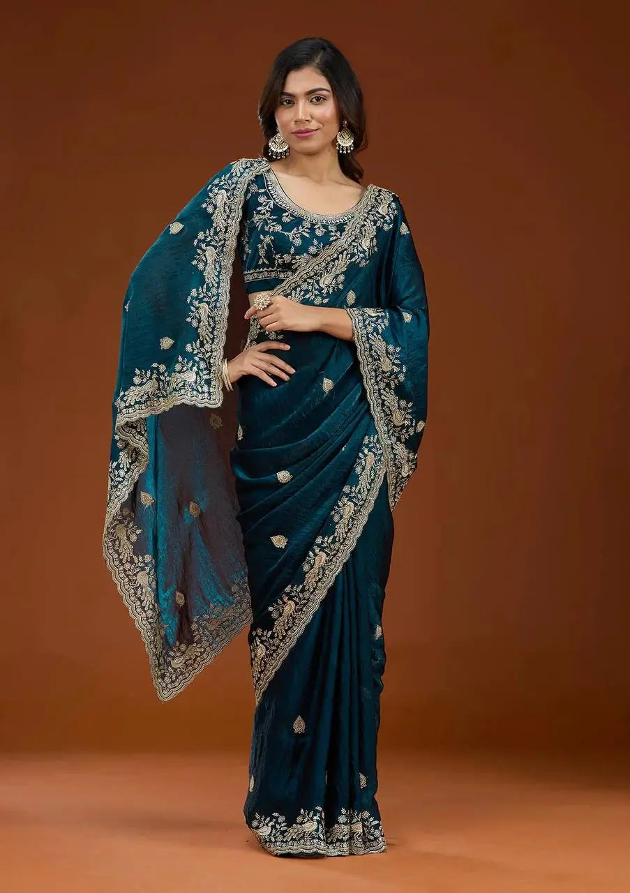 Designer Sequin Zari Embroidered Chiffon Saree