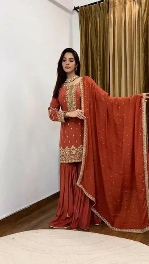 Designer Simmer Silk Embroidered Sharara Suit Set with Dupatta