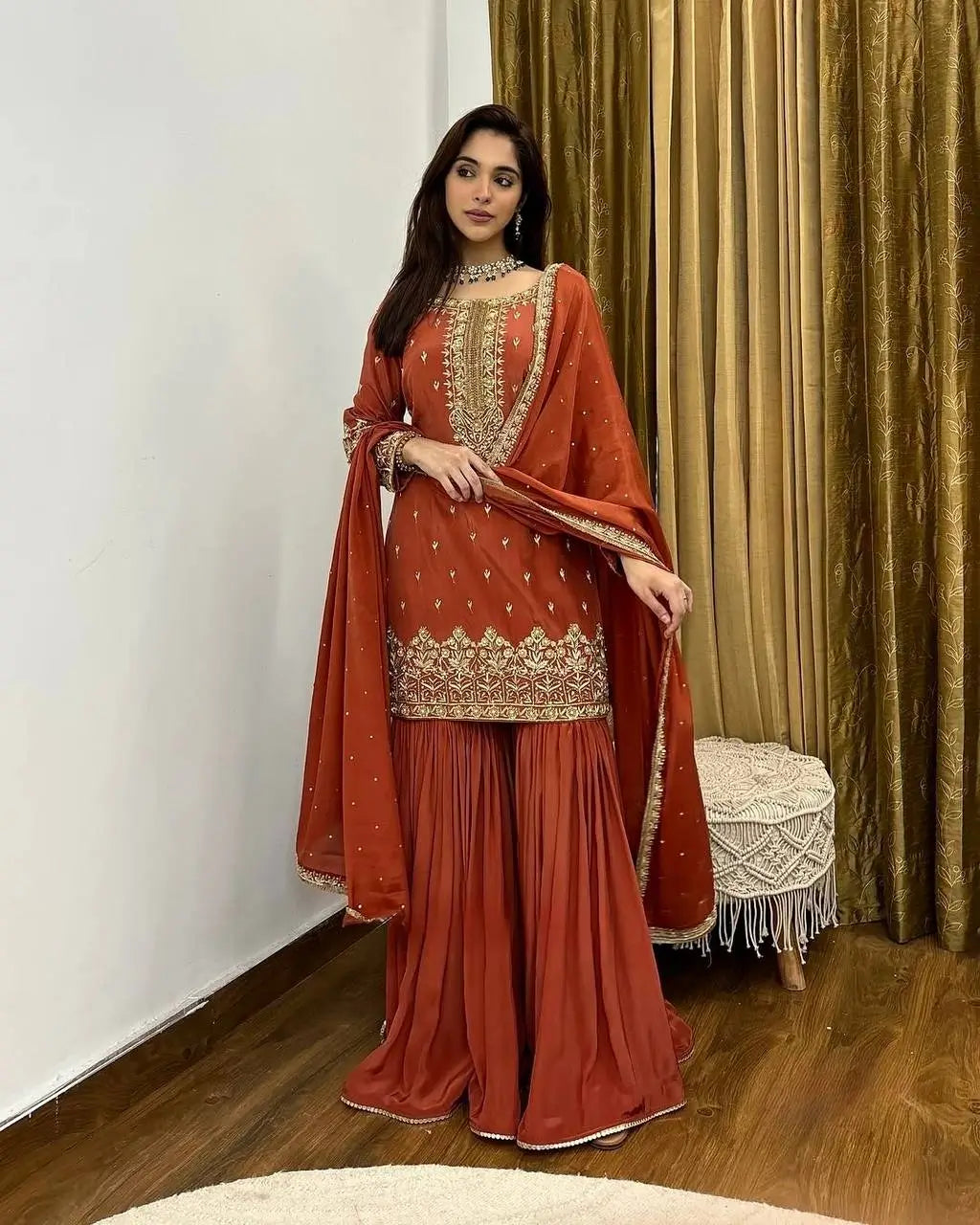 Designer Simmer Silk Embroidered Sharara Suit Set with Dupatta