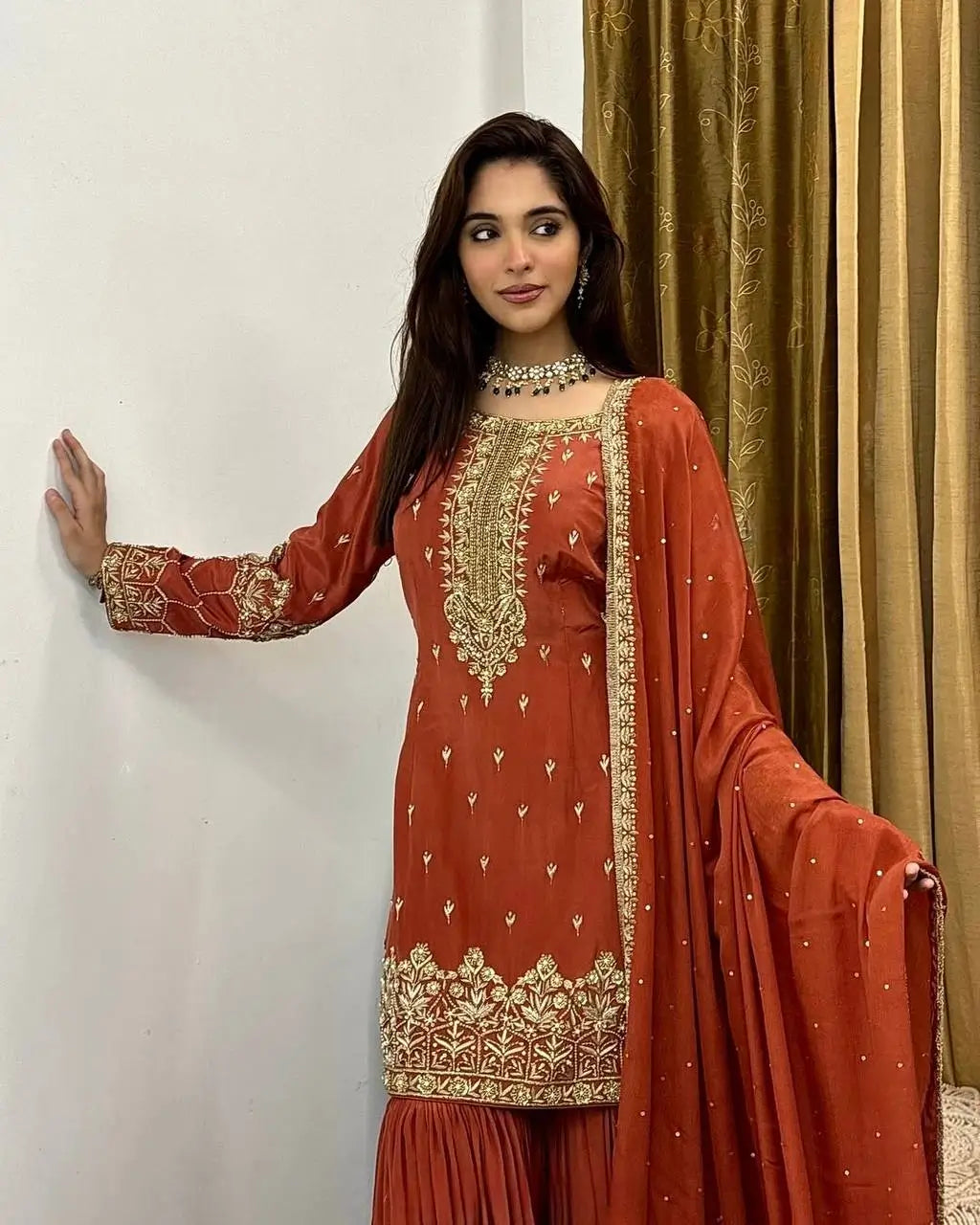 Designer Simmer Silk Embroidered Sharara Suit Set with Dupatta