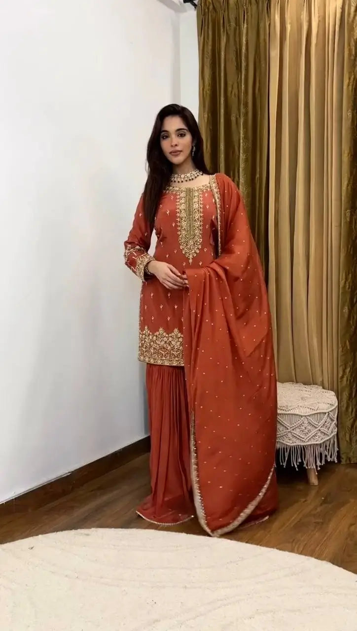 Designer Simmer Silk Embroidered Sharara Suit Set with Dupatta