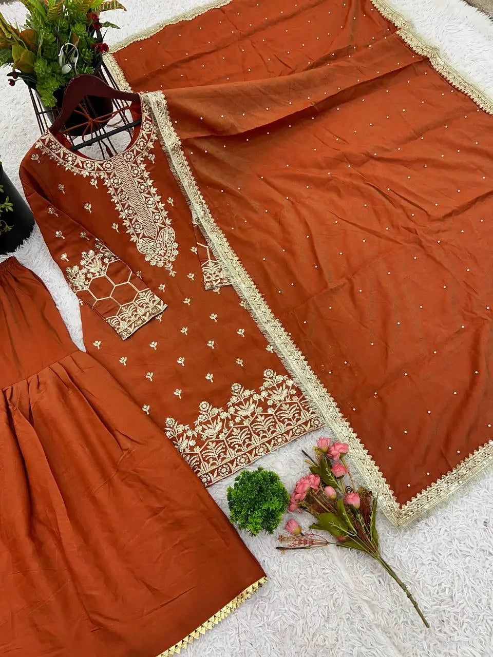 Designer Simmer Silk Embroidered Sharara Suit Set with Dupatta
