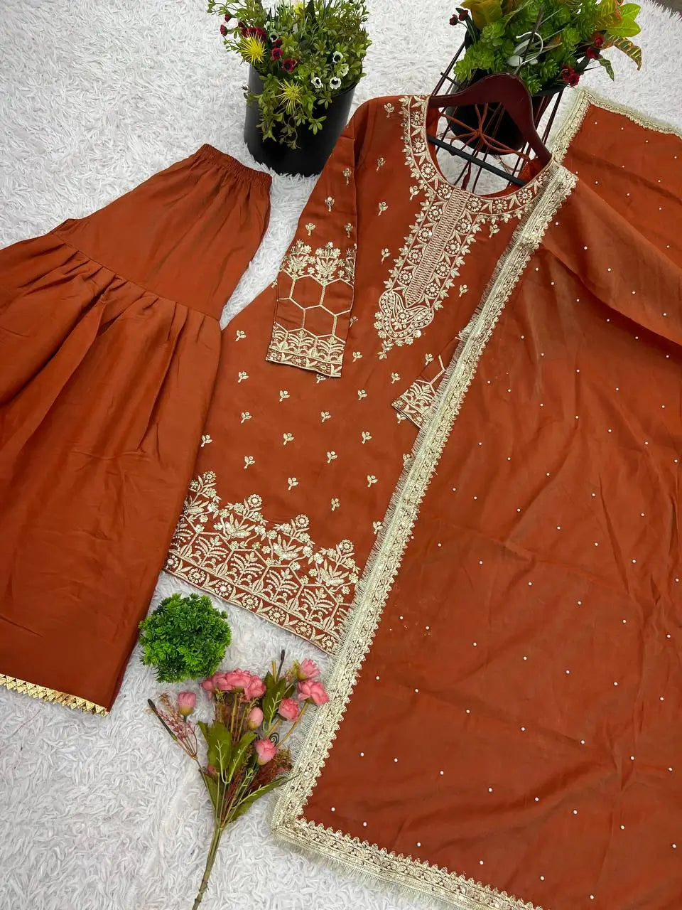 Designer Simmer Silk Embroidered Sharara Suit Set with Dupatta