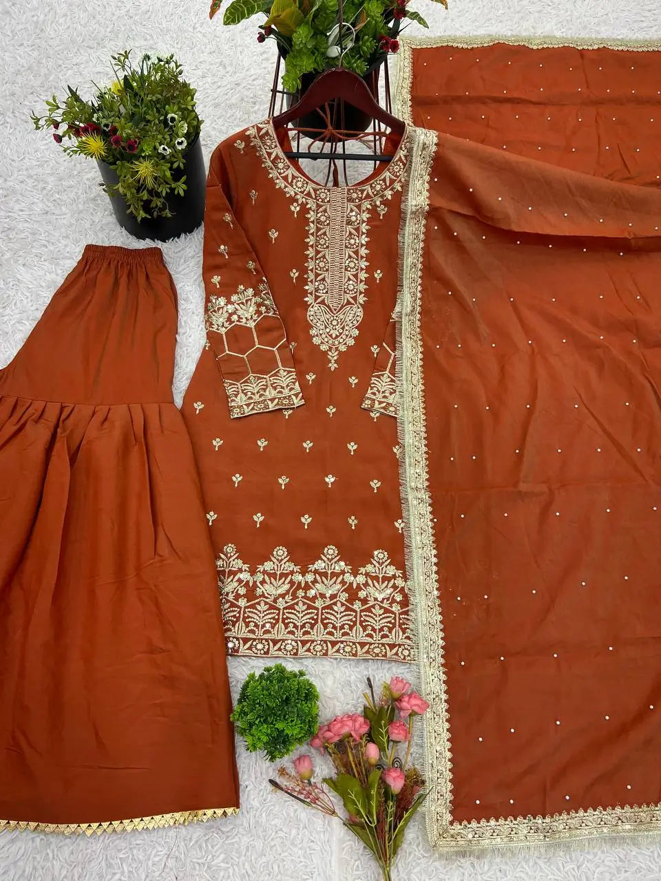 Designer Simmer Silk Embroidered Sharara Suit Set with Dupatta
