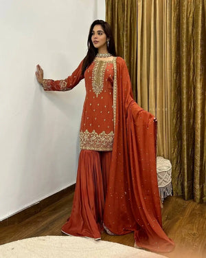 Designer Simmer Silk Embroidered Sharara Suit Set with Dupatta