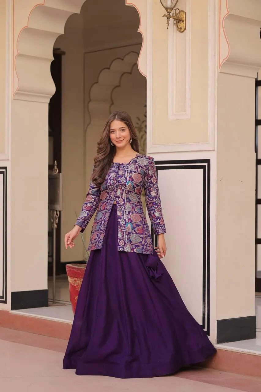 Designer Simmer Vichitra Lehenga with Jacquard Blouse | Full-Stitched Party & Wedding Wear – Purple & Maroon