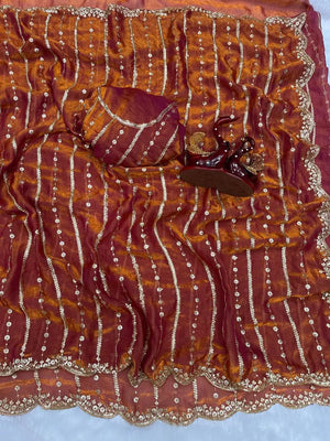 Designer Soft Space Silk Saree with Sequence Embroidery Work & Matching Blouse