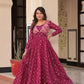 Designer Staple Jacquard Weaving Gown with Position Print Choli – Rama & Wine | 3 Meter Flair, Cotton Lining, Party Wear Gown