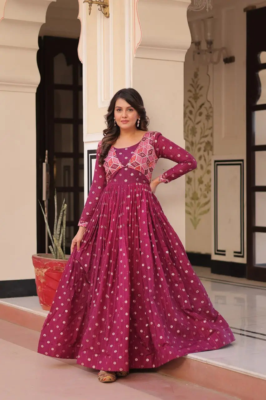Designer Staple Jacquard Weaving Gown with Position Print Choli – Rama & Wine | 3 Meter Flair, Cotton Lining, Party Wear Gown