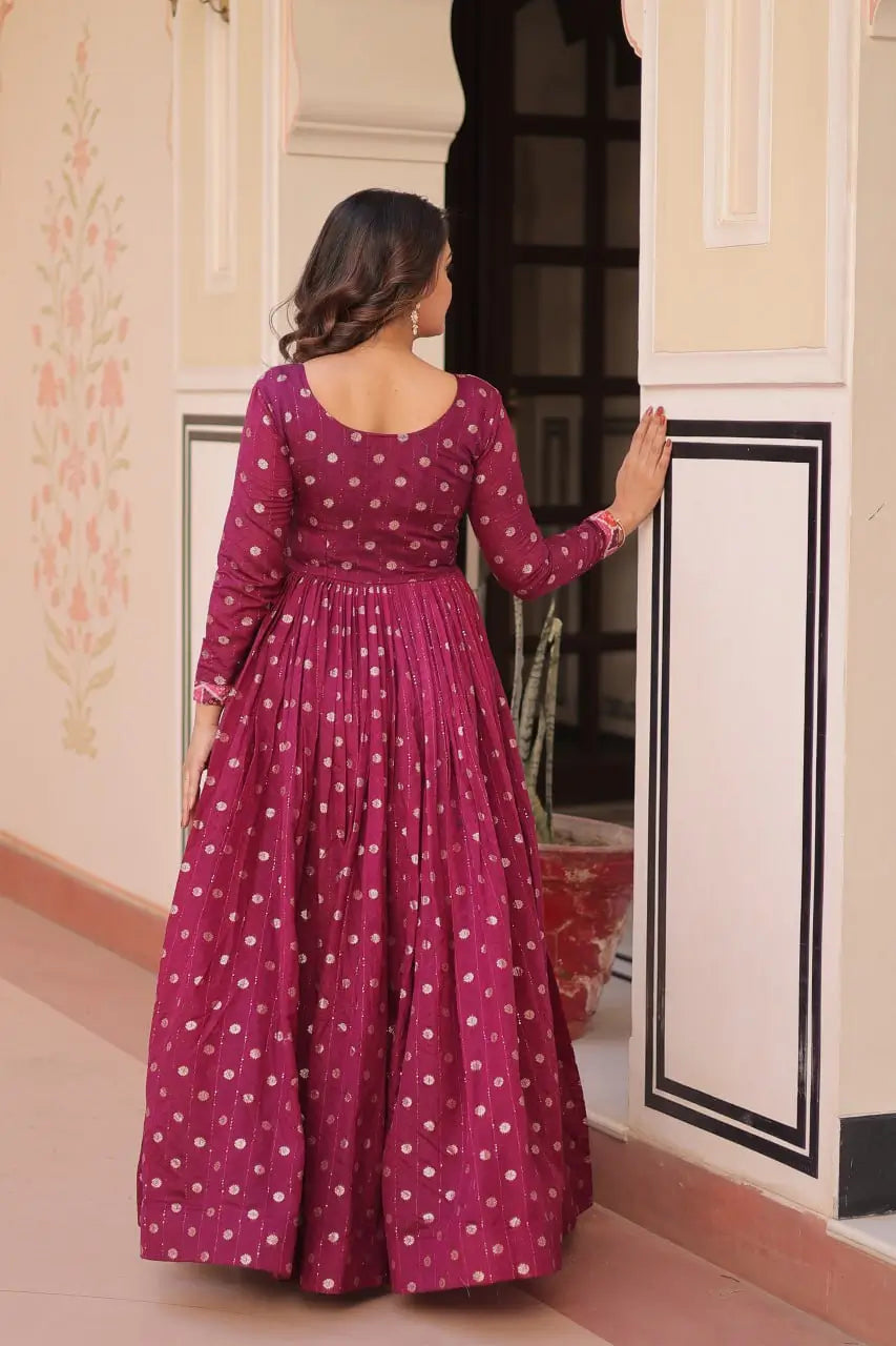 Designer Staple Jacquard Weaving Gown with Position Print Choli – Rama & Wine | 3 Meter Flair, Cotton Lining, Party Wear Gown