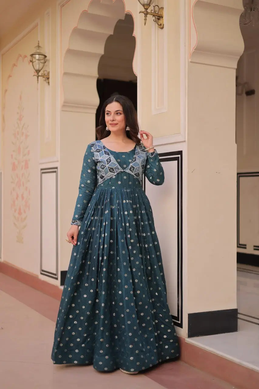 Designer Staple Jacquard Weaving Gown with Position Print Choli – Rama & Wine | 3 Meter Flair, Cotton Lining, Party Wear Gown