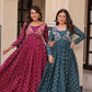 Designer Staple Jacquard Weaving Gown with Position Print Choli – Rama & Wine | 3 Meter Flair, Cotton Lining, Party Wear Gown