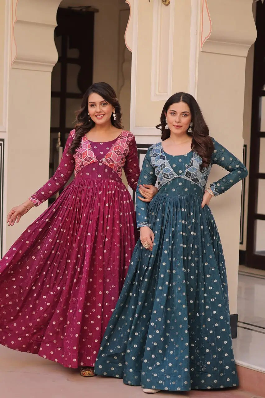 Designer Staple Jacquard Weaving Gown with Position Print Choli – Rama & Wine | 3 Meter Flair, Cotton Lining, Party Wear Gown