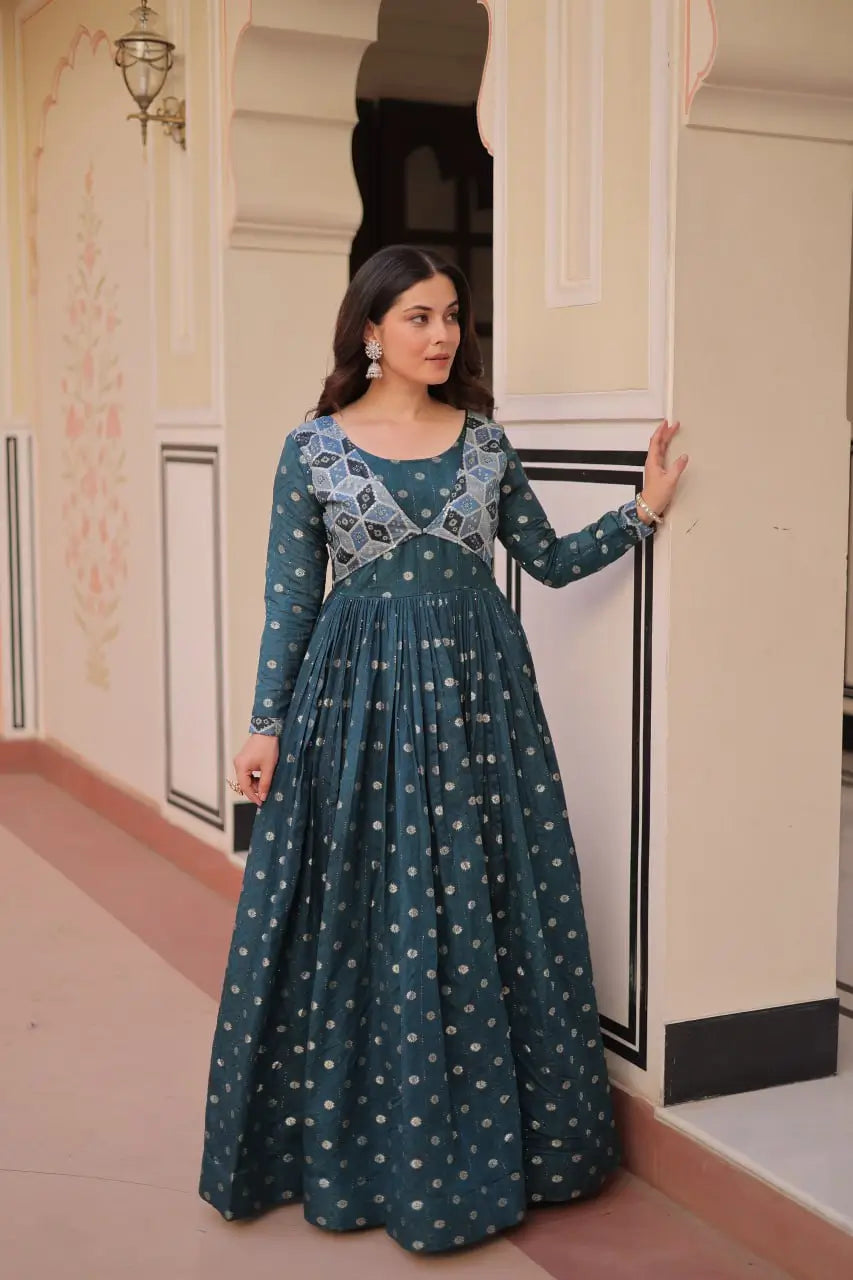 Designer Staple Jacquard Weaving Gown with Position Print Choli – Rama & Wine | 3 Meter Flair, Cotton Lining, Party Wear Gown