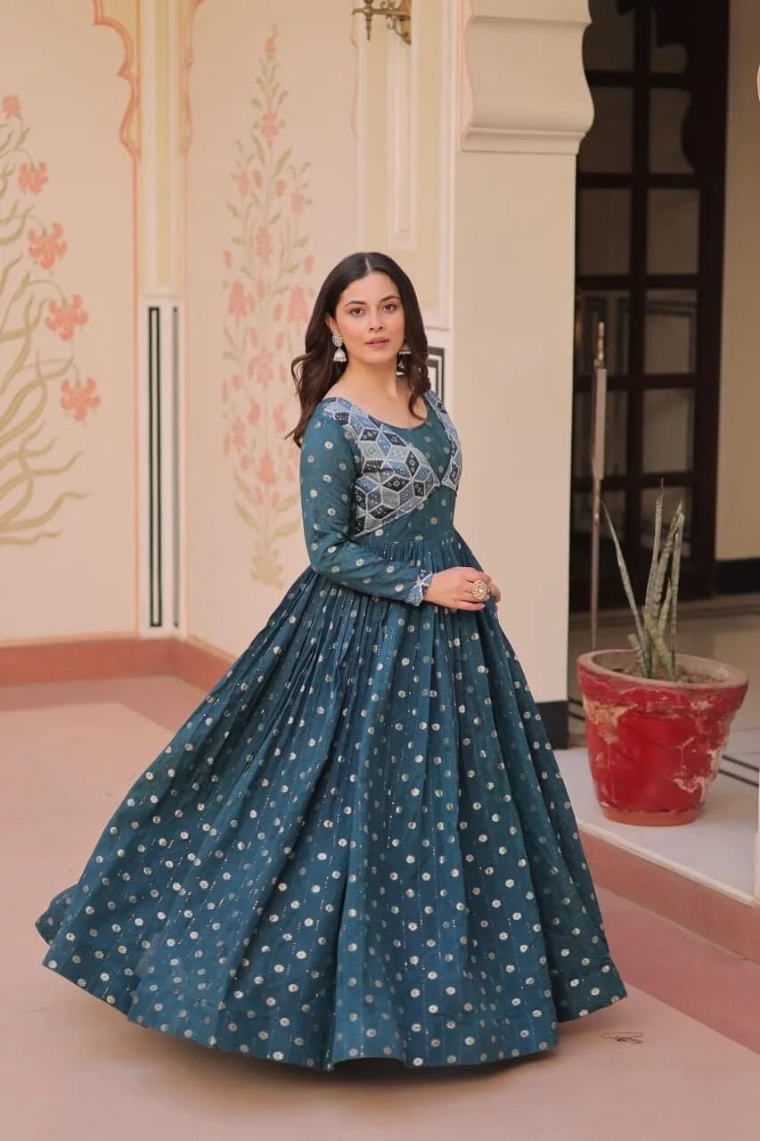 Designer Staple Jacquard Weaving Gown with Position Print Choli – Rama & Wine | 3 Meter Flair, Cotton Lining, Party Wear Gown