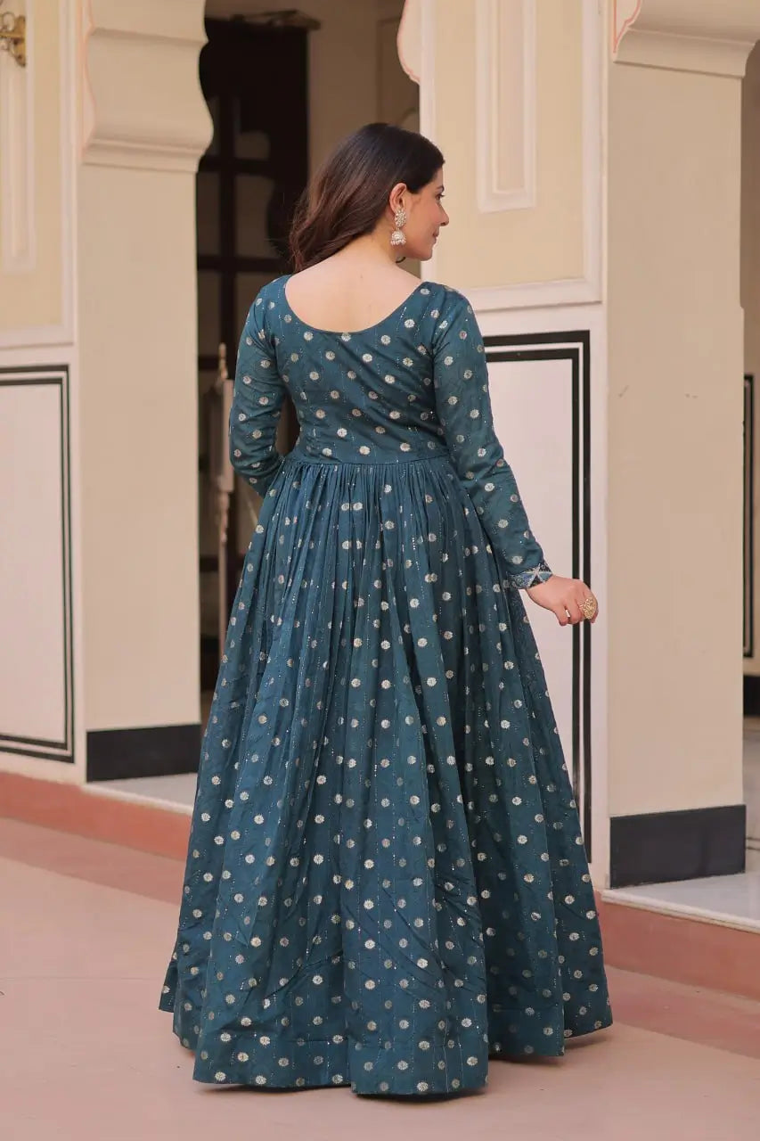 Designer Staple Jacquard Weaving Gown with Position Print Choli – Rama & Wine | 3 Meter Flair, Cotton Lining, Party Wear Gown