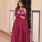 Designer Staple Jacquard Weaving Gown with Position Print Choli – Rama & Wine | 3 Meter Flair, Cotton Lining, Party Wear Gown