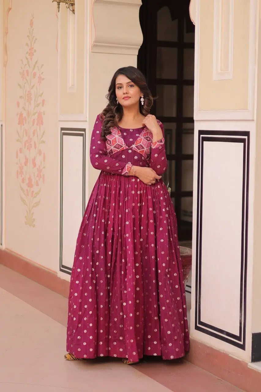 Designer Staple Jacquard Weaving Gown with Position Print Choli – Rama & Wine | 3 Meter Flair, Cotton Lining, Party Wear Gown