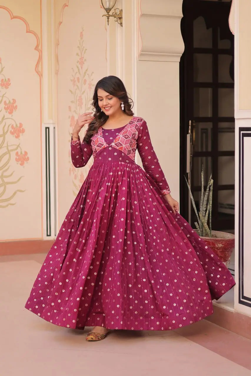 Designer Staple Jacquard Weaving Gown with Position Print Choli – Rama & Wine | 3 Meter Flair, Cotton Lining, Party Wear Gown