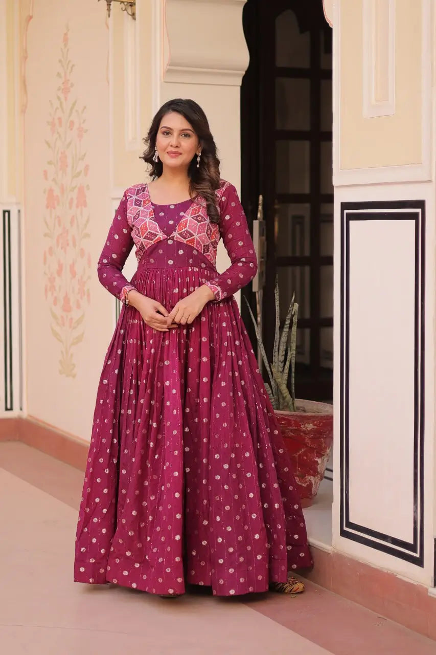 Designer Staple Jacquard Weaving Gown with Position Print Choli – Rama & Wine | 3 Meter Flair, Cotton Lining, Party Wear Gown