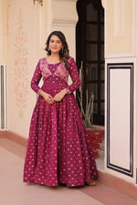 Designer Staple Jacquard Weaving Gown with Position Print Choli – Rama & Wine | 3 Meter Flair, Cotton Lining, Party Wear Gown