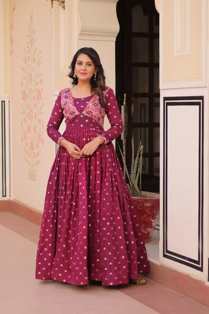 Designer Staple Jacquard Weaving Gown with Position Print Choli – Rama & Wine | 3 Meter Flair, Cotton Lining, Party Wear Gown