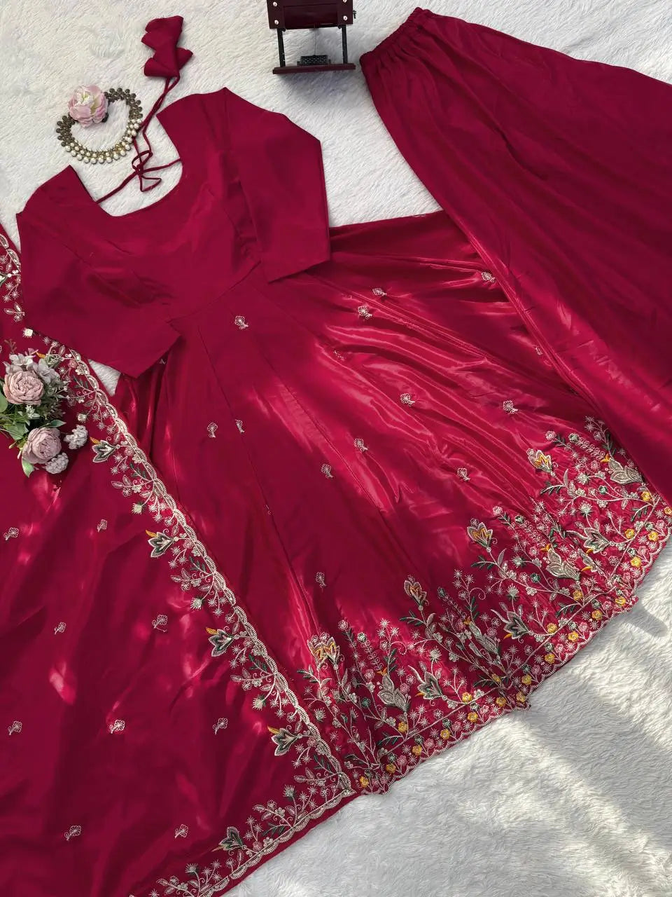 Designer Tabby Organza Embroidered Anarkali Suit with Dupatta