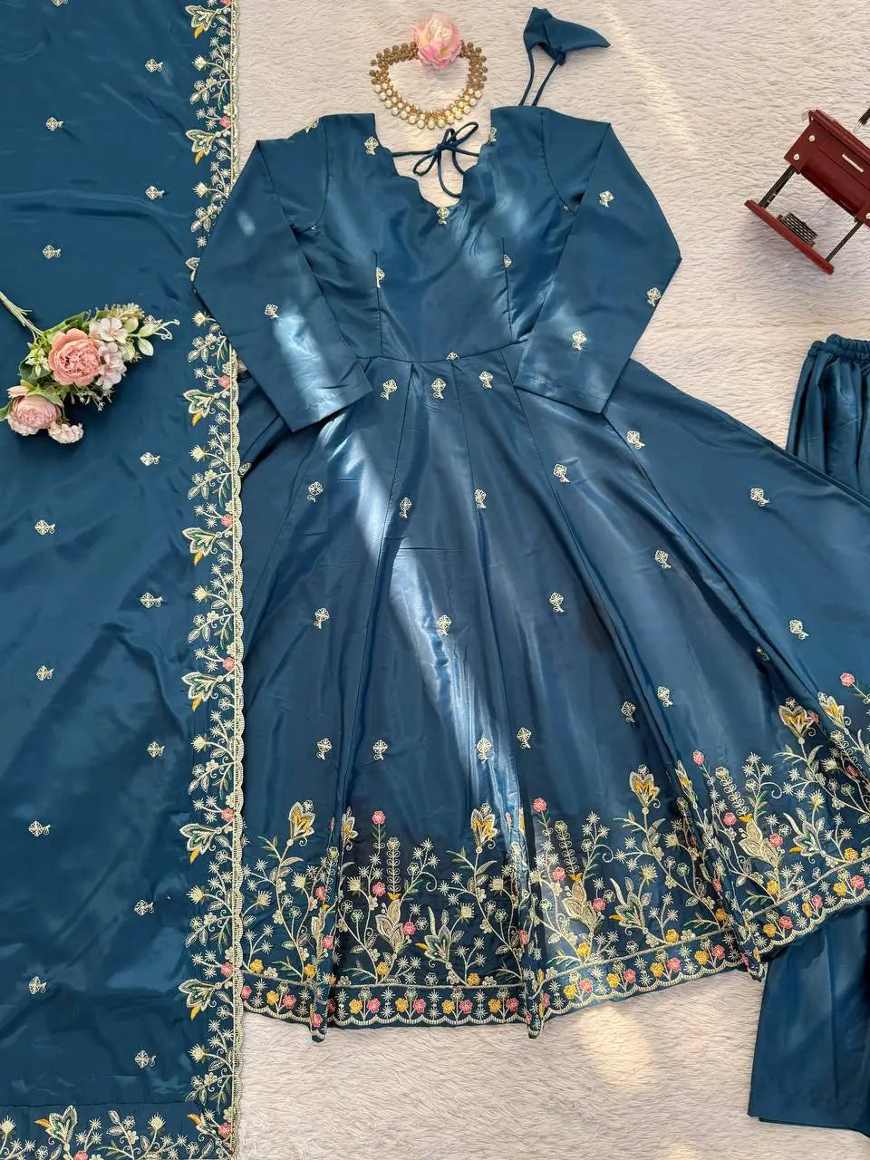 Designer Tabby Organza Embroidered Anarkali Suit with Dupatta