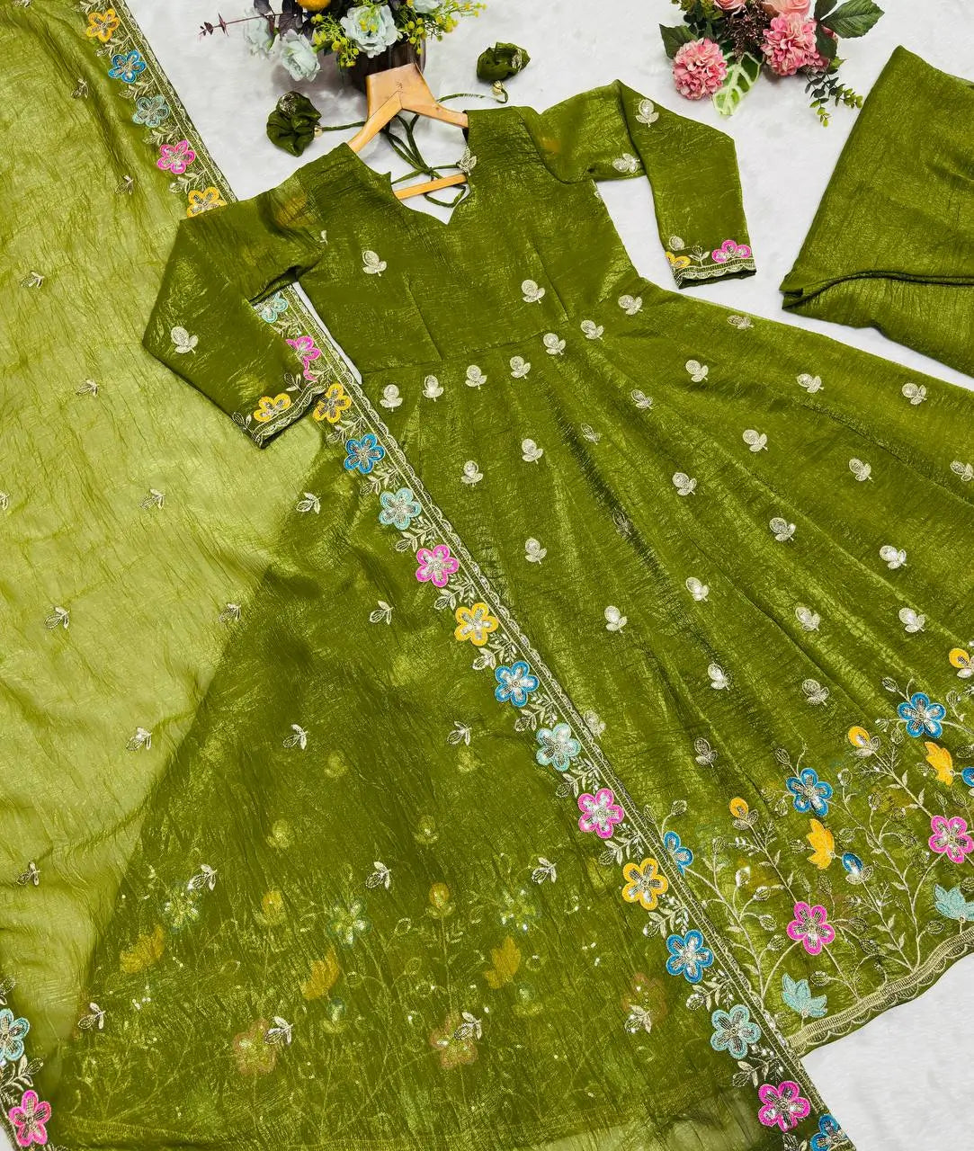 Designer Tabby Organza Embroidered Anarkali Suit with Dupatta