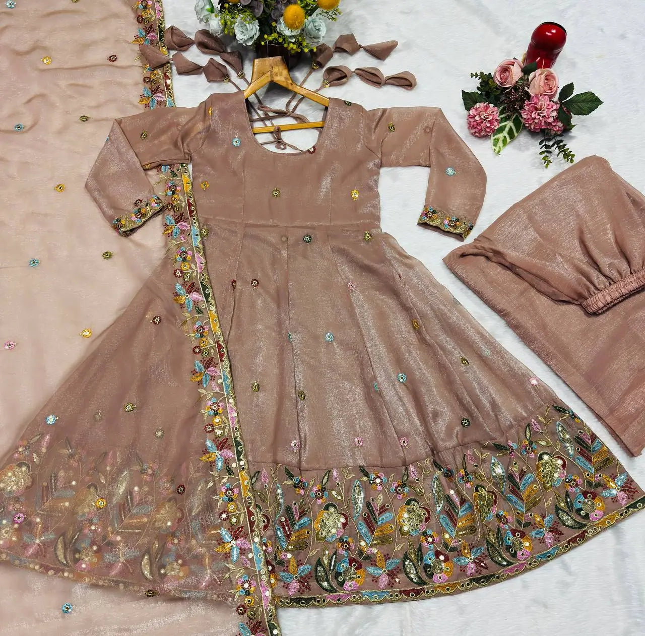 Designer Tabby Organza Embroidered Anarkali Suit with Dupatta