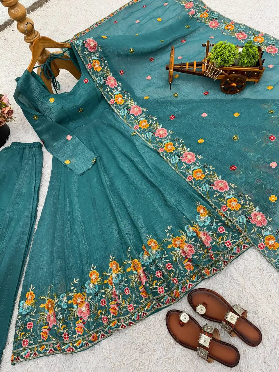 Designer Tabby Organza Embroidered Anarkali Suit with Dupatta