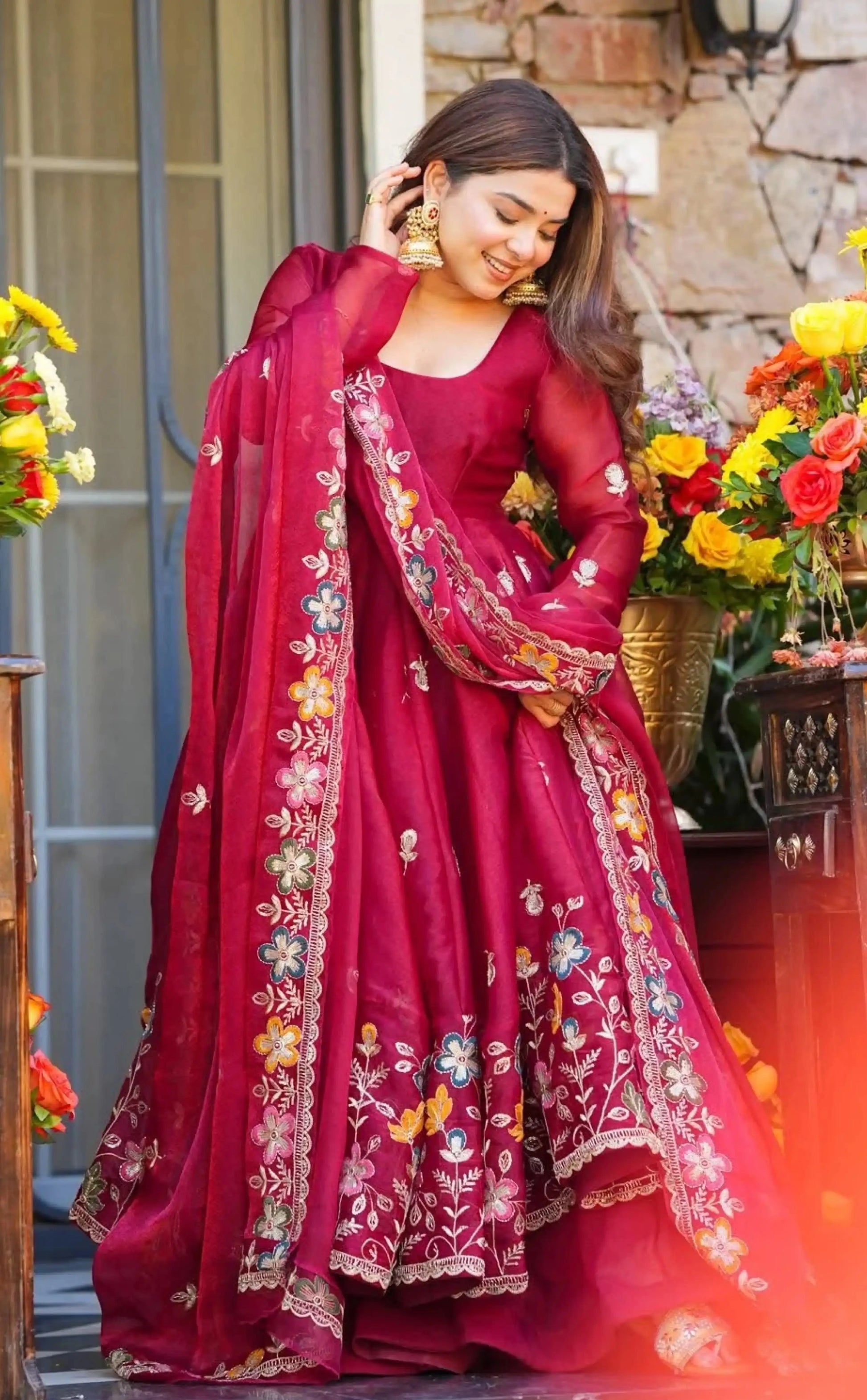 Designer Tabby Organza Embroidered Anarkali Suit with Dupatta