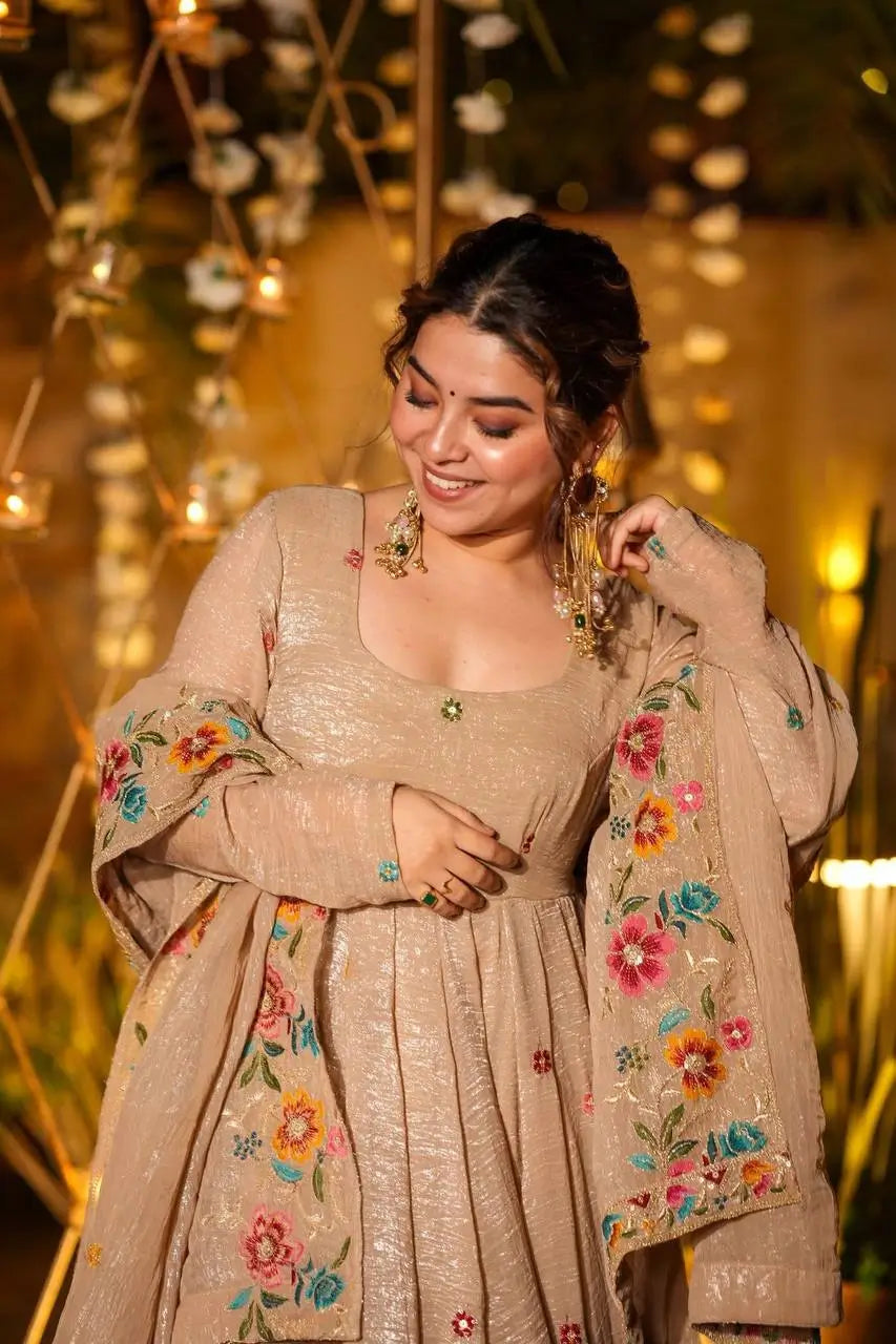 Designer Tabby Organza Embroidered Anarkali Suit with Dupatta