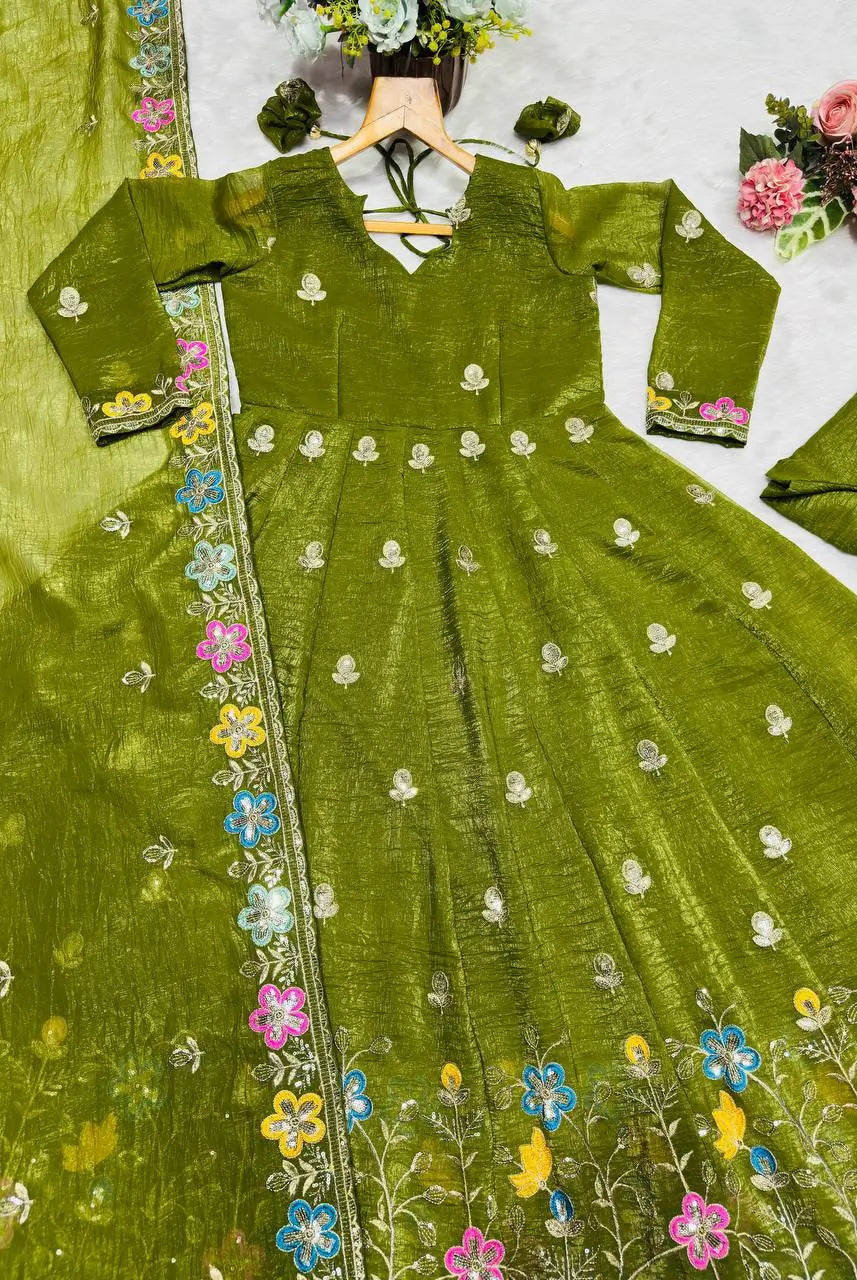 Designer Tabby Organza Embroidered Anarkali Suit with Dupatta